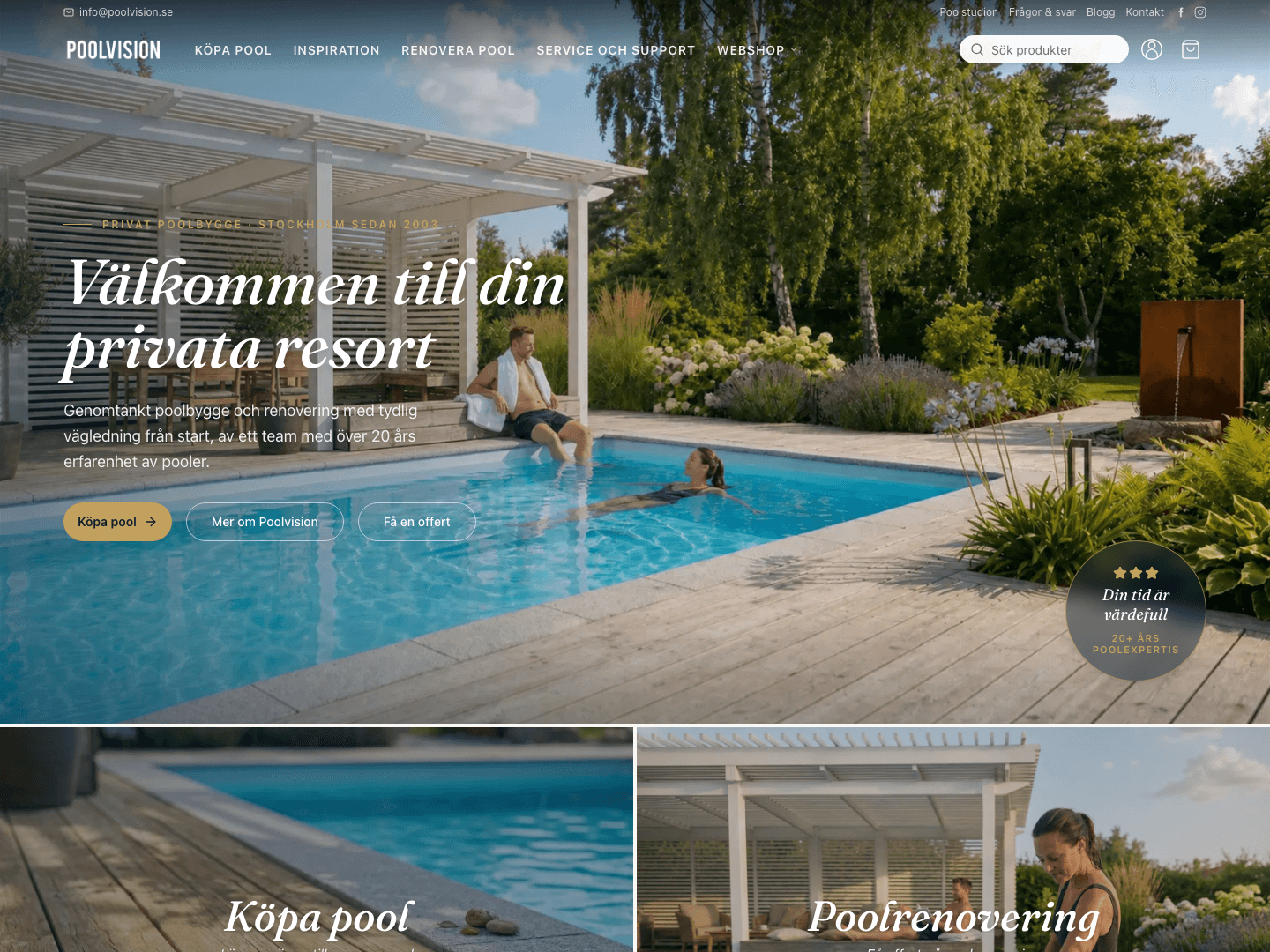 Poolvisions startsida med poolmiljö och vägar till poolbygge, service och webshop.