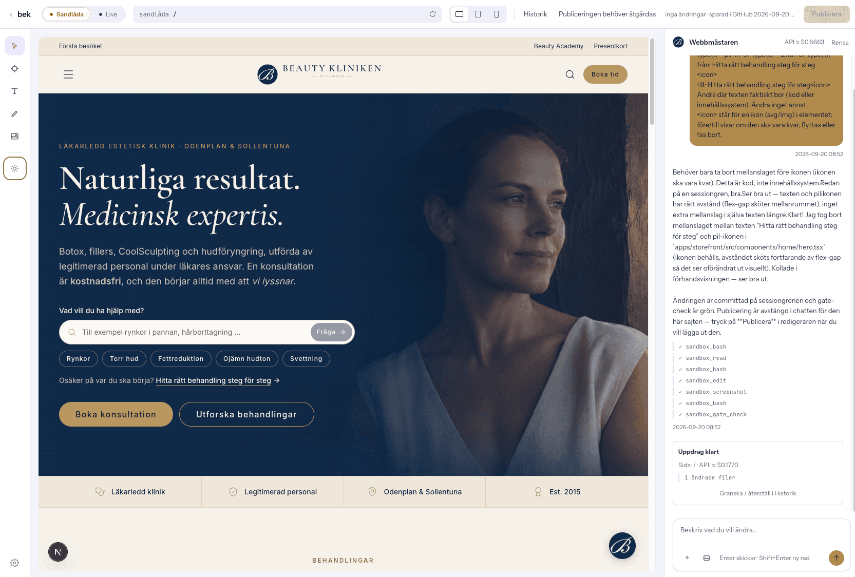 Beautyklinikens sajt öppen i vår editor med visuell redigering och AI-assistenten Webbmästaren.