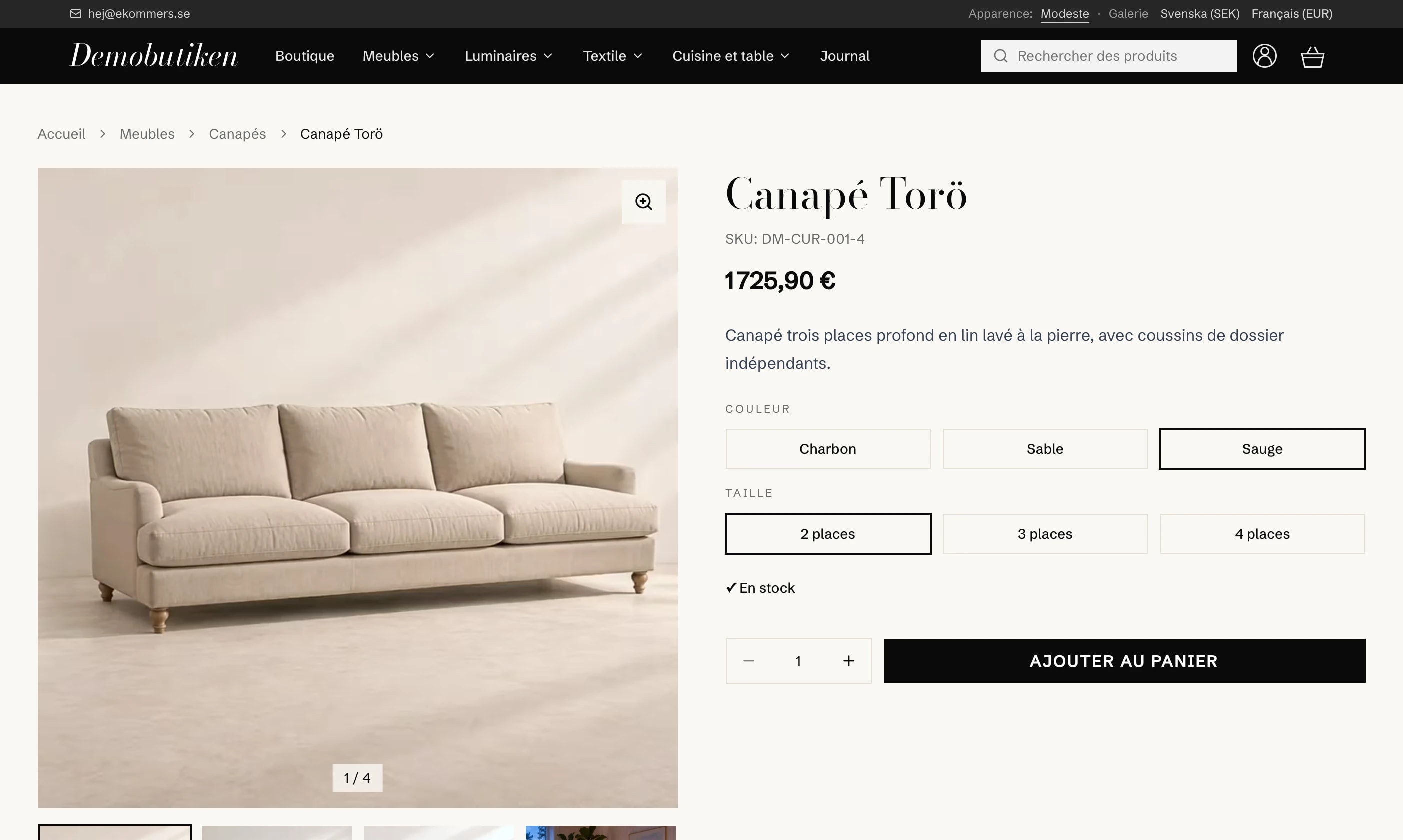 Soffan Torö på demobutikens franska produktsida med pris i euro